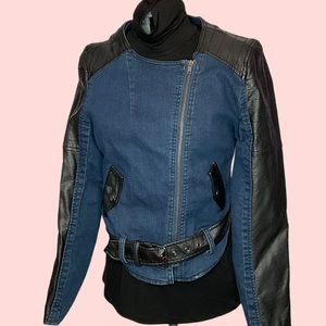 XXI Premium Denim Jacket with Black Faux Leather Sleeves/Details- Size L Juniors